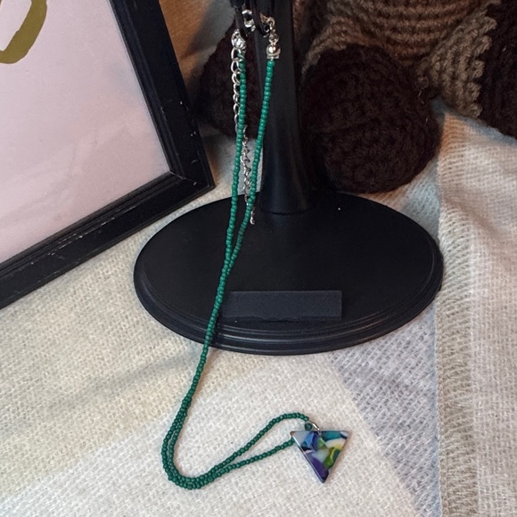 Jewelry - Green Beaded Necklace with Geometric Pendant
